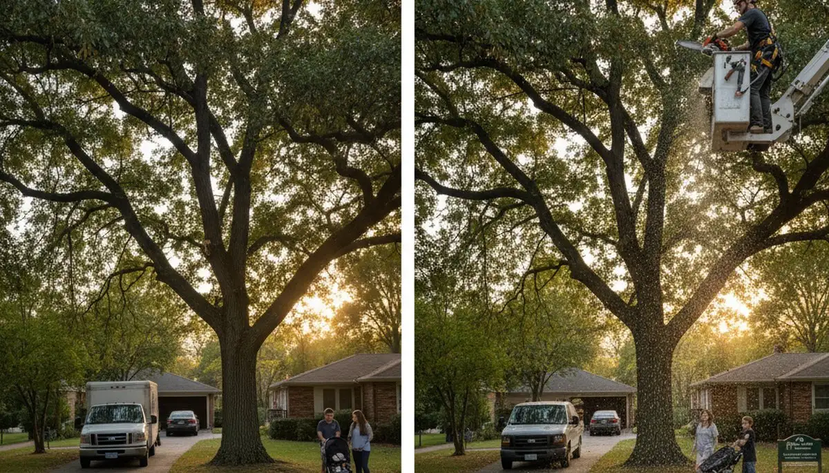 Arborist trimming lower branches for canopy lift and clearance on Cincinnati, OH residential property