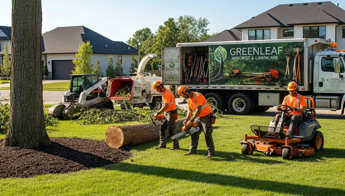 Professional tree and lawn service crew trimming trees in Cincinnati, OH yard