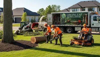 Professional tree and lawn service crew trimming trees in Cincinnati, OH yard