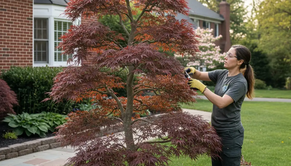 Arborist hand pruning Japanese maple for curb appeal in Cincinnati, OH residential landscape