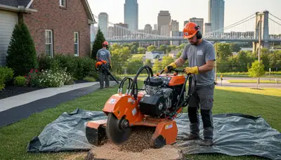 Professional stump grinding equipment removing tree stumps in Cincinnati, OH landscaping project