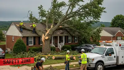 Emergency tree removal crew clearing storm damage in Ft Mitchell KY near Cincinnati OH homes