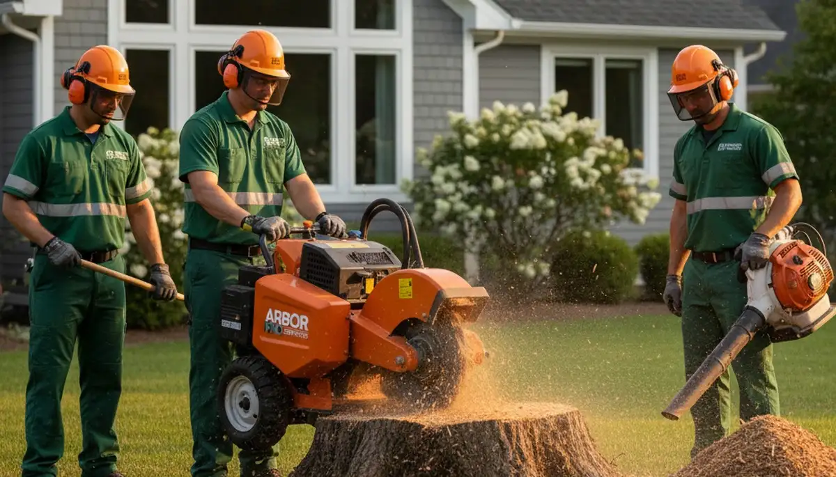 Arborist performing professional stump grinding in Cincinnati, OH yard