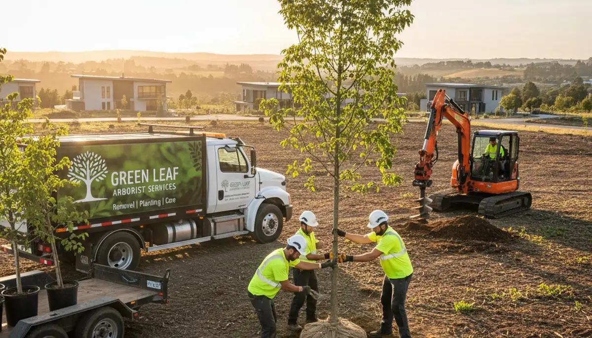 Arborist planting young tree in Cincinnati, OH yard with professional tree installation equipment