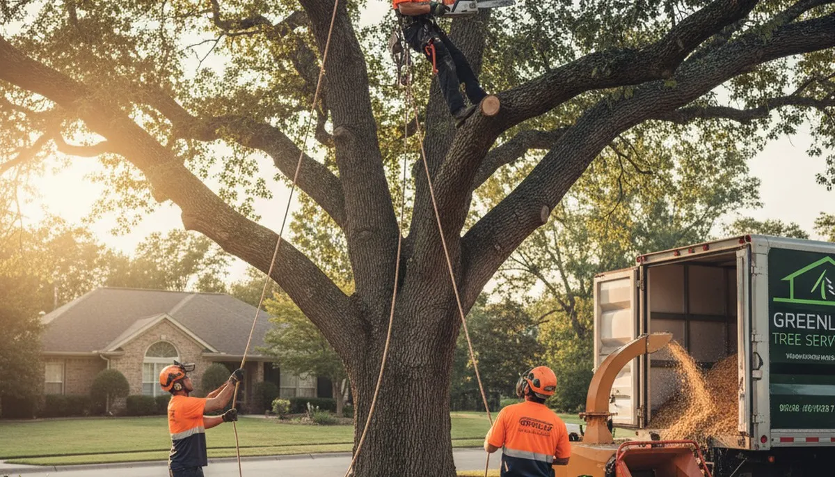 Professional tree removal crew cutting large oak in Cincinnati, OH for safe residential tree service