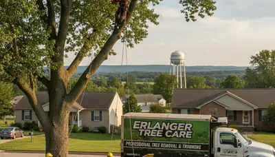 Professional tree removal service in Cincinnati OH safely cutting tall oak near residential property