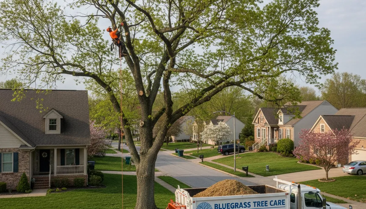 Professional tree removal service in Cincinnati, OH safely cutting down a large oak tree