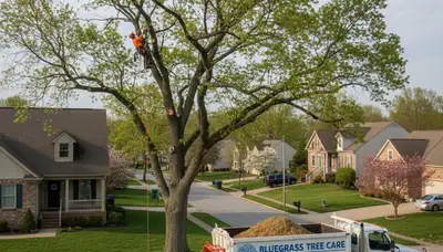 Professional tree removal service in Cincinnati, OH safely cutting down a large oak tree