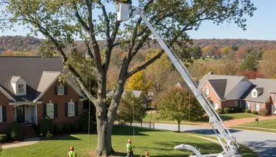 Professional tree removal service in Cincinnati, OH safely clearing large oak from residential yard