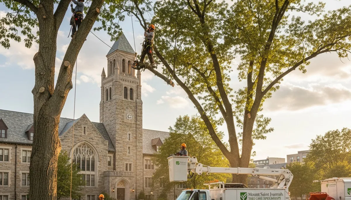 Tree removal crew clearing large oak in Cincinnati OH yard for professional tree services