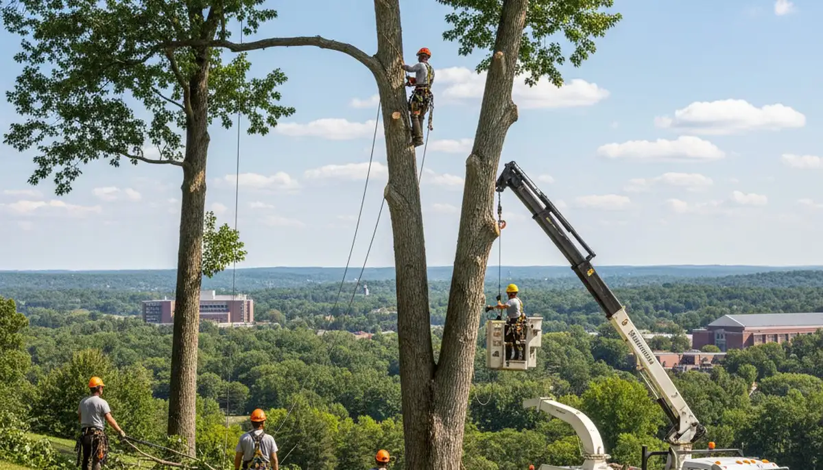 Professional tree removal service team in Cincinnati, OH clearing large oak safely